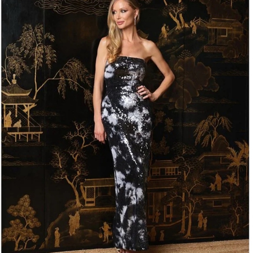 Marchesa Muse Black and White Strapless sequin evening Dress
